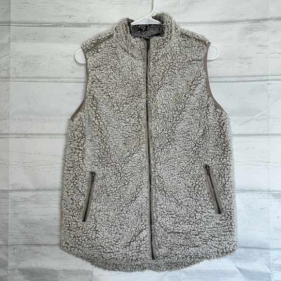 Thread & Supply Off-White Gray Ivory Sherpa Fleece Zip Up Vest Size M - Picture 3 of 13